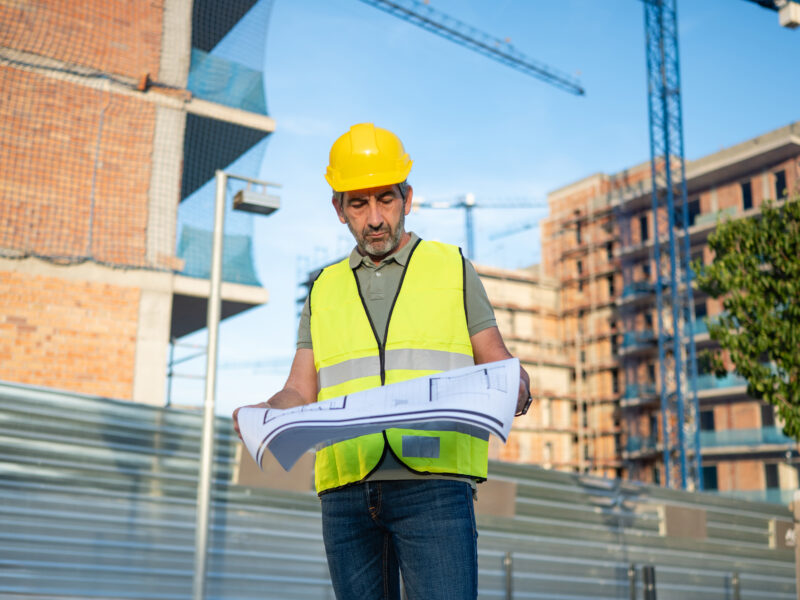 Engineer man reviewing blueprints at construction site